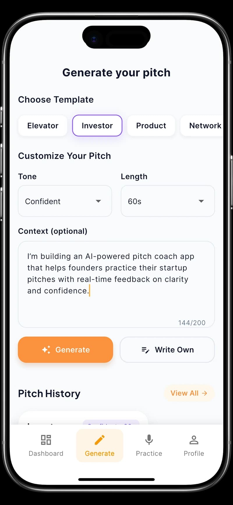 Pitch generation screen in the PitchBuddy app