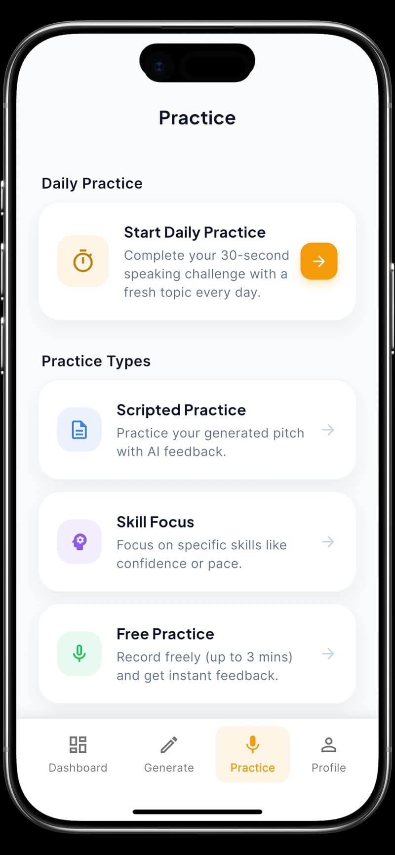 Practice mode options in the PitchBuddy app